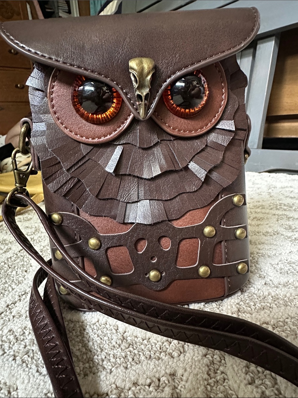 Brown Owl Motif Crossbody Bag with Stud Detail